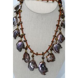 Artisan Boho Shell Necklace Glass Seed Beads Brown Purple 26 Inch